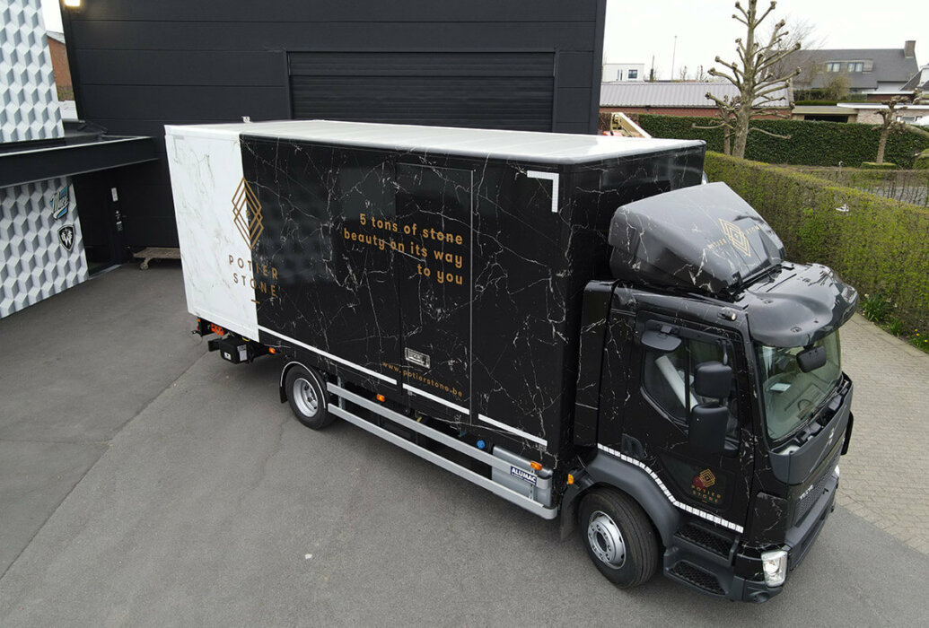 Potier Stone Volvo FL240 custom wrap marble print truck Sjegers Fly High Productions