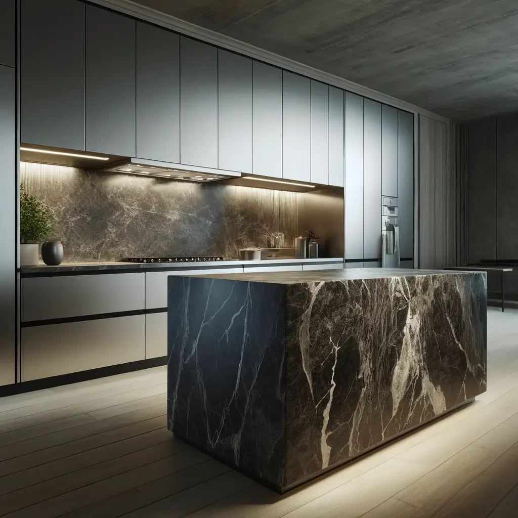 Het moderne keukenontwerp met slanke aluminium kastfronten geaccentueerd met een robuust marmeren werkblad, dat niet alleen duurzaamheid biedt maar ook een natuurlijke elegantie uitstraalt.