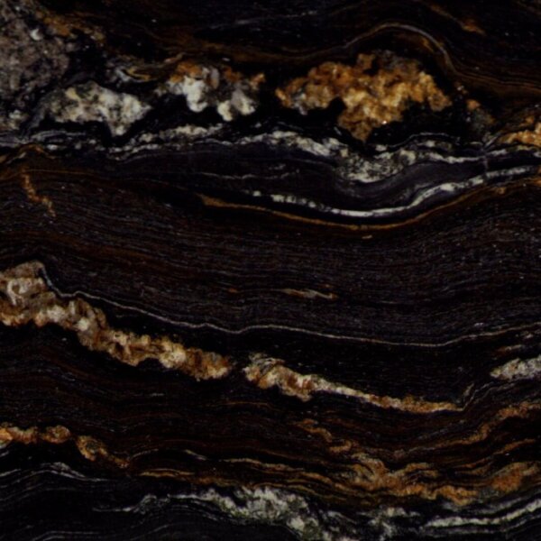 Black Fusion kwartsiet detail met zwarte lagen en goudbruine minerale structuren