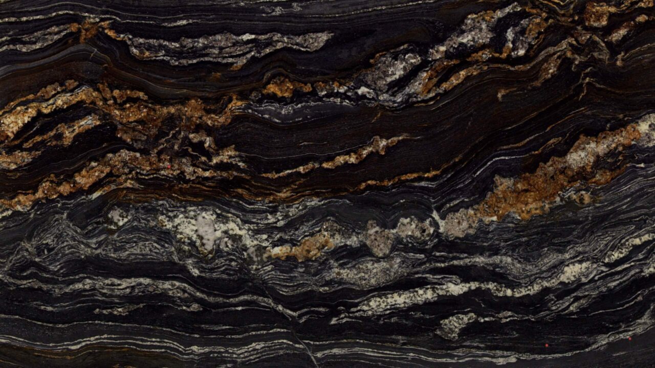 Black Fusion kwartsiet plaat met krachtige zwarte en goudbruine beweging